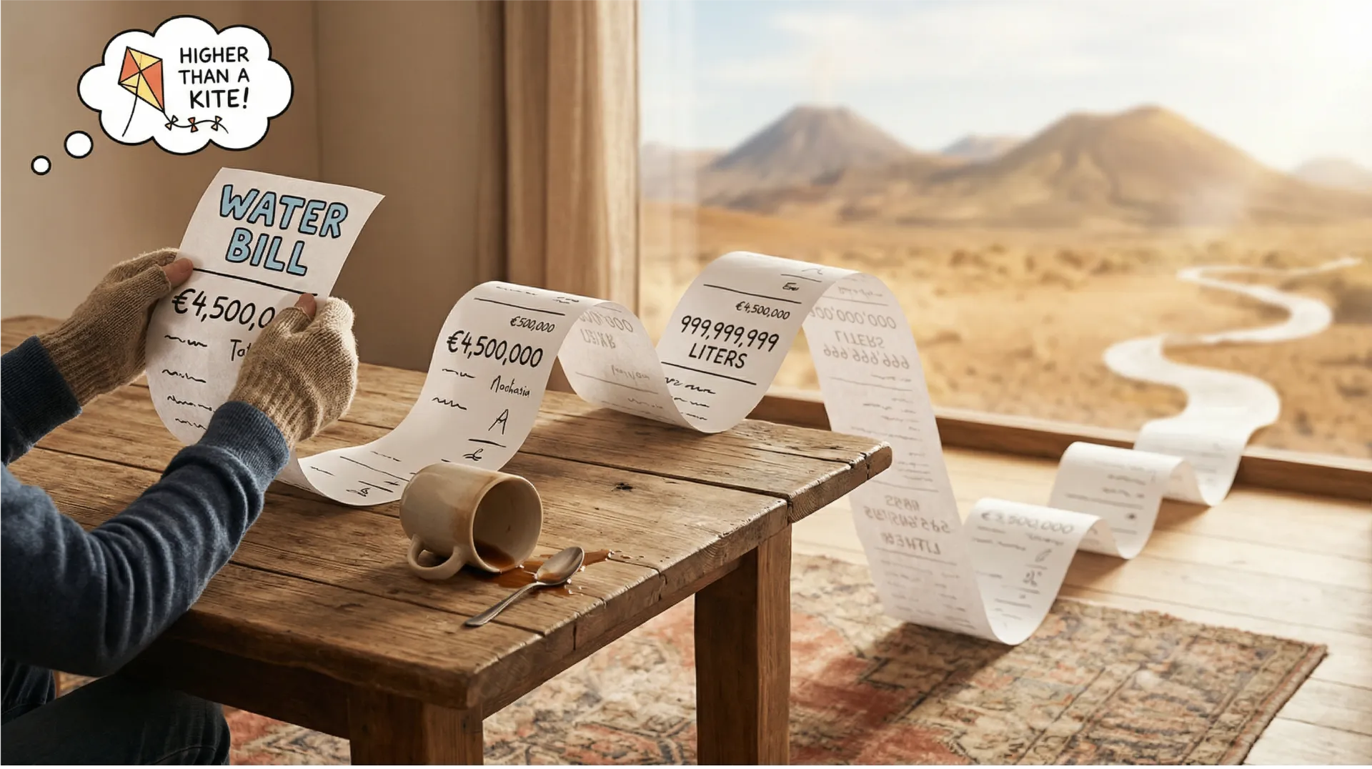 Shocked person holding an extremely long water bill - higher than a kite